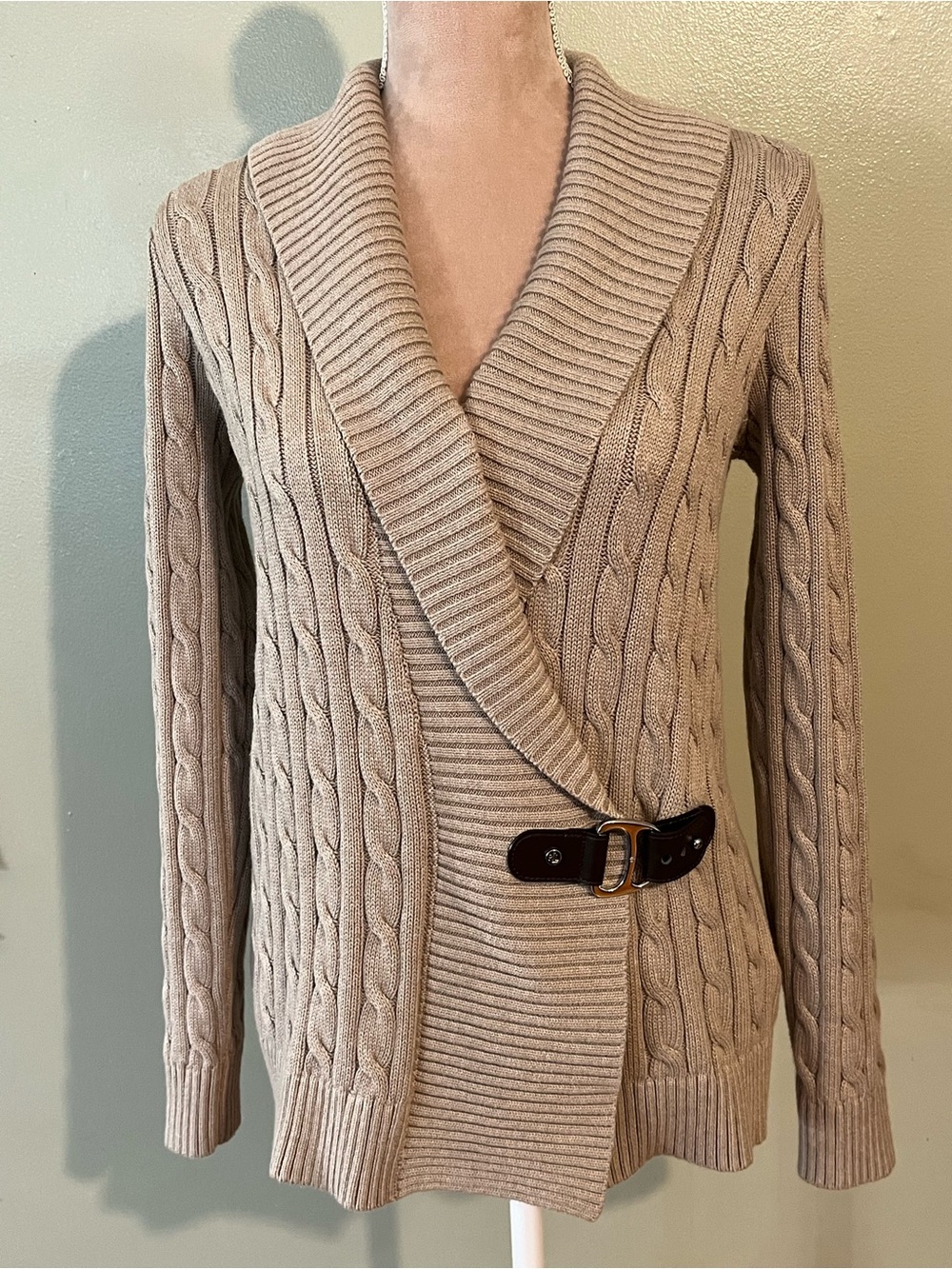 Ralph Lauren Cable Knit Shawl Collar Sweater wrap Buckle Beige Chunky SP